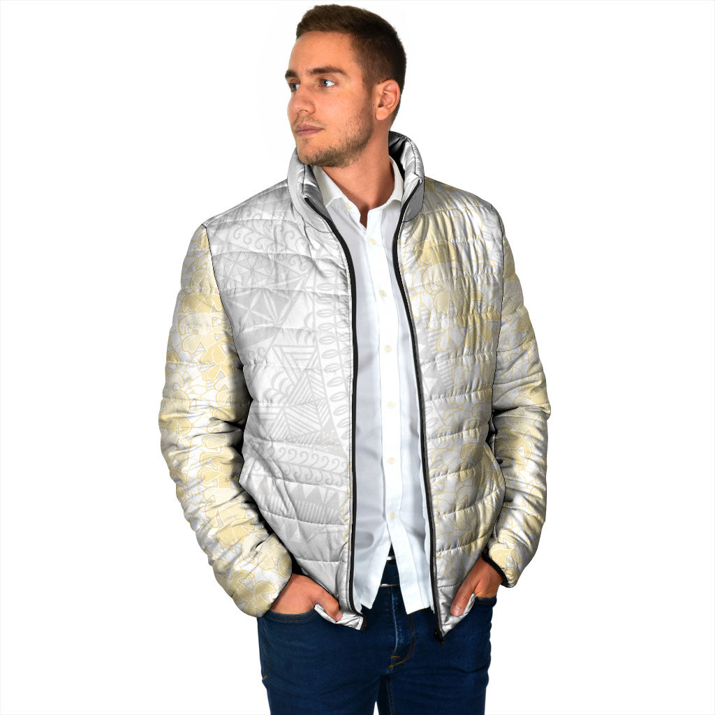 Niue White Sunday Padded Jacket Niuean Hiapo With Puakenikeni Lei LT05 - Polynesian Pride