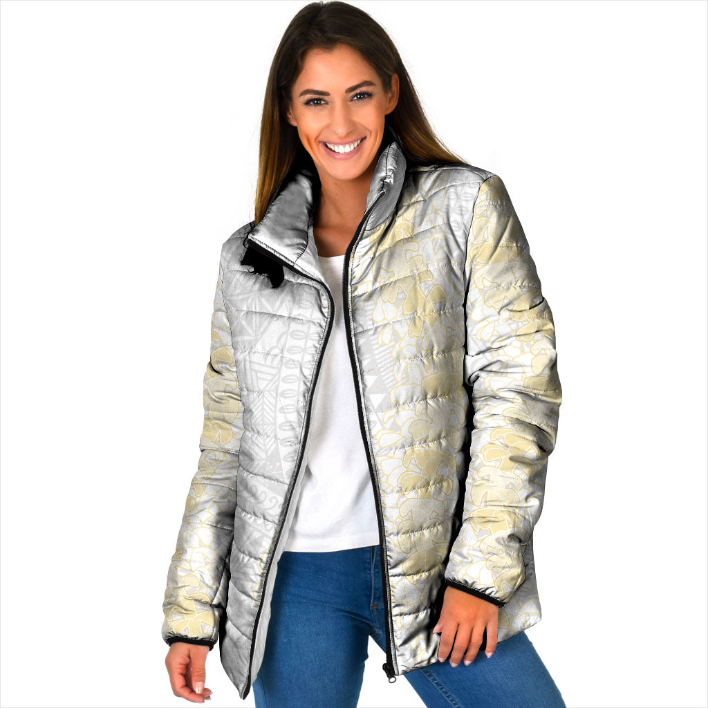 Niue White Sunday Padded Jacket Niuean Hiapo With Puakenikeni Lei LT05 Women White - Polynesian Pride