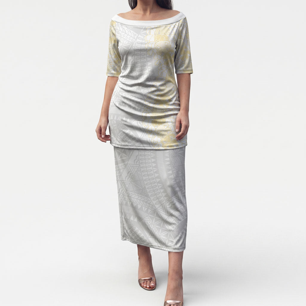Niue White Sunday Puletasi Niuean Hiapo With Puakenikeni Lei LT05 Long Dress White - Polynesian Pride