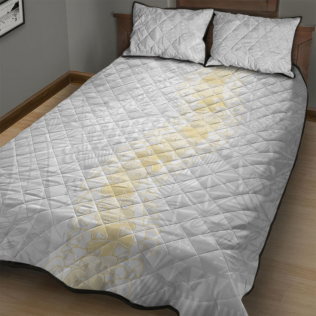 Niue White Sunday Quilt Bed Set Niuean Hiapo With Puakenikeni Lei LT05 - Polynesian Pride