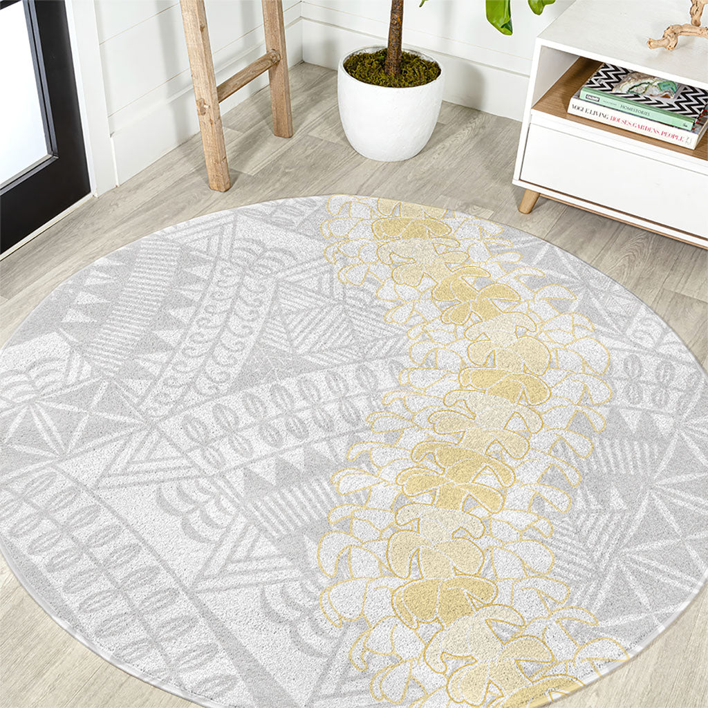 Niue White Sunday Round Carpet Niuean Hiapo With Puakenikeni Lei LT05 White - Polynesian Pride