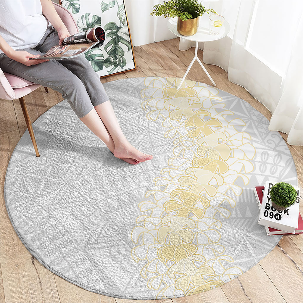 Niue White Sunday Round Carpet Niuean Hiapo With Puakenikeni Lei LT05 - Polynesian Pride