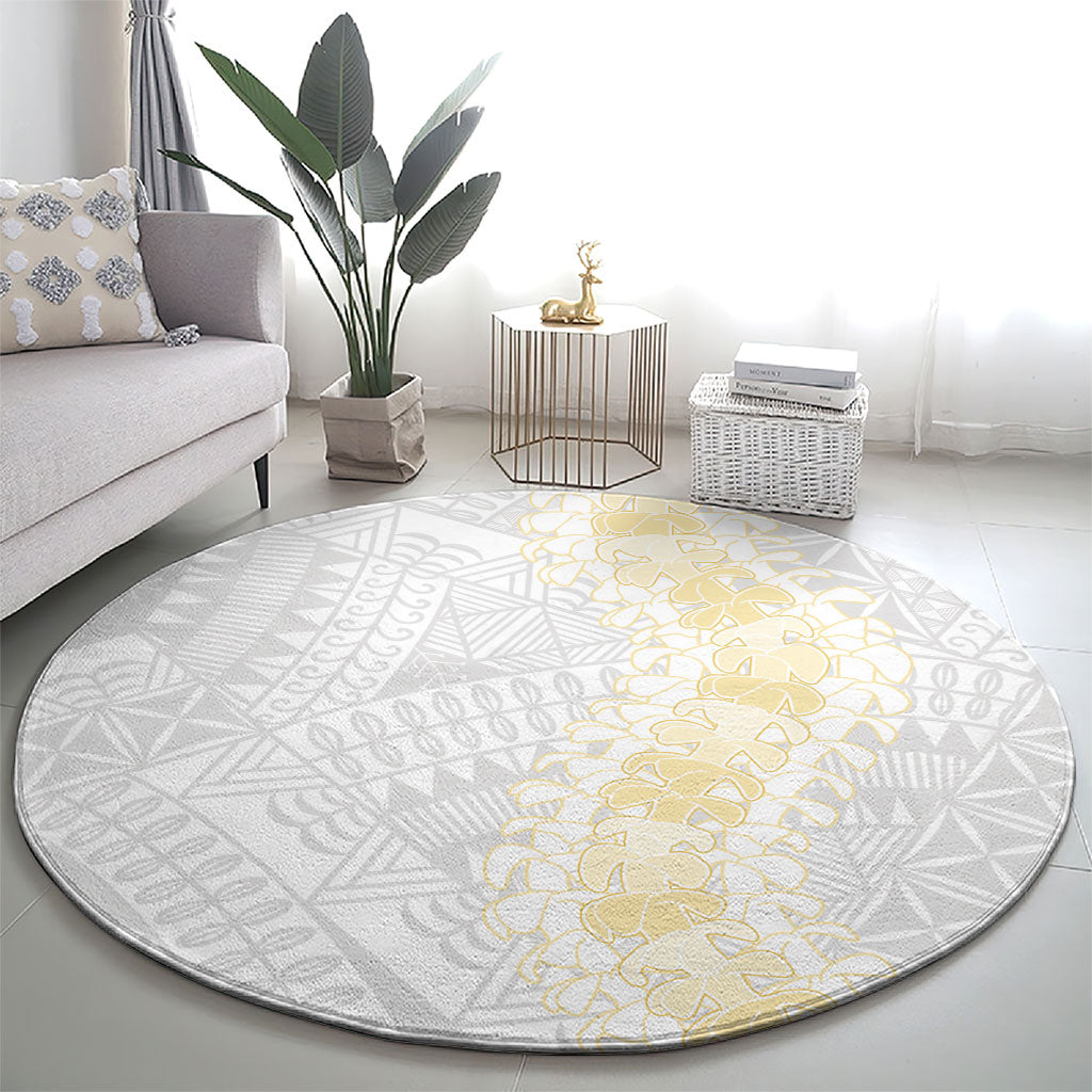 Niue White Sunday Round Carpet Niuean Hiapo With Puakenikeni Lei LT05 - Polynesian Pride