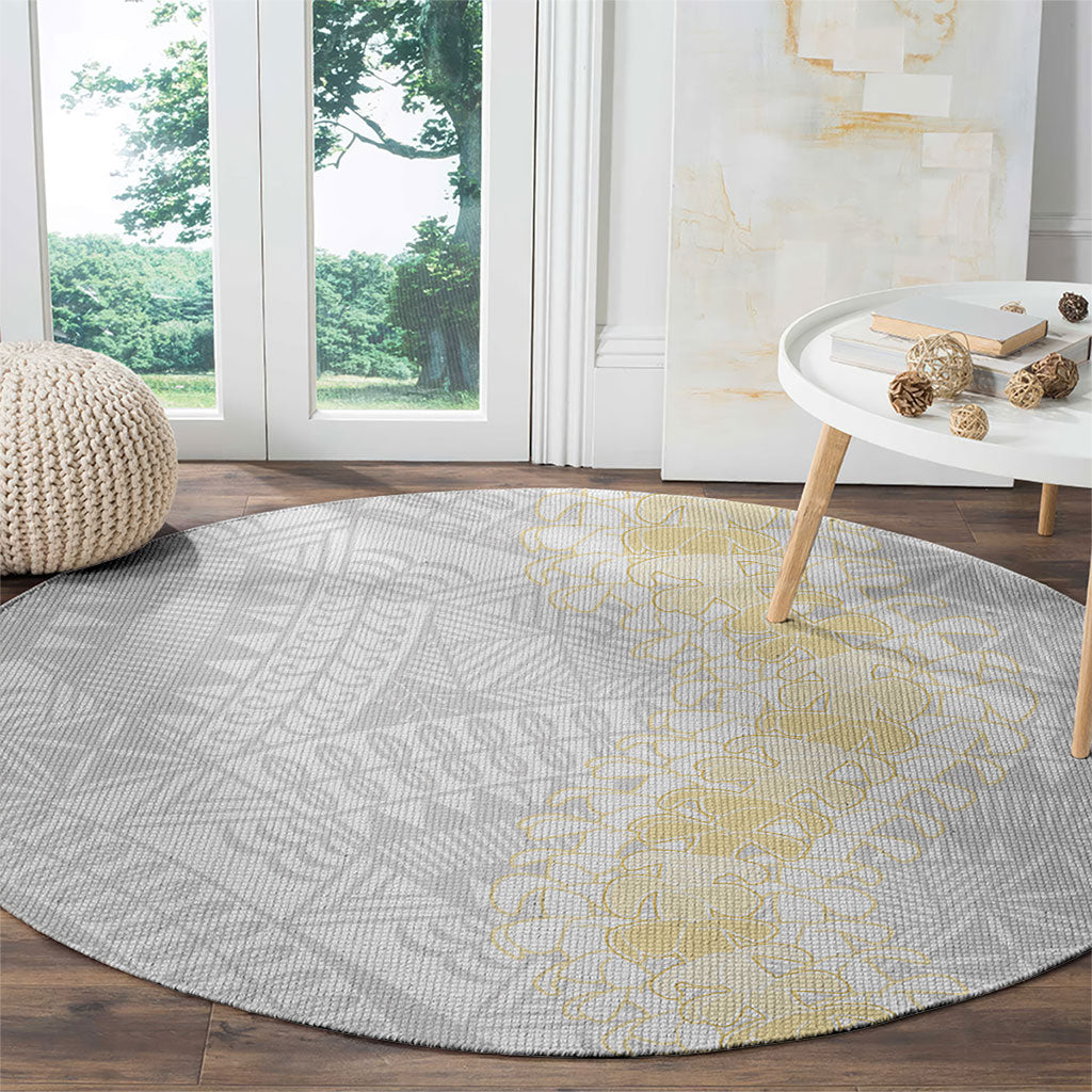 Niue White Sunday Round Carpet Niuean Hiapo With Puakenikeni Lei LT05 - Polynesian Pride