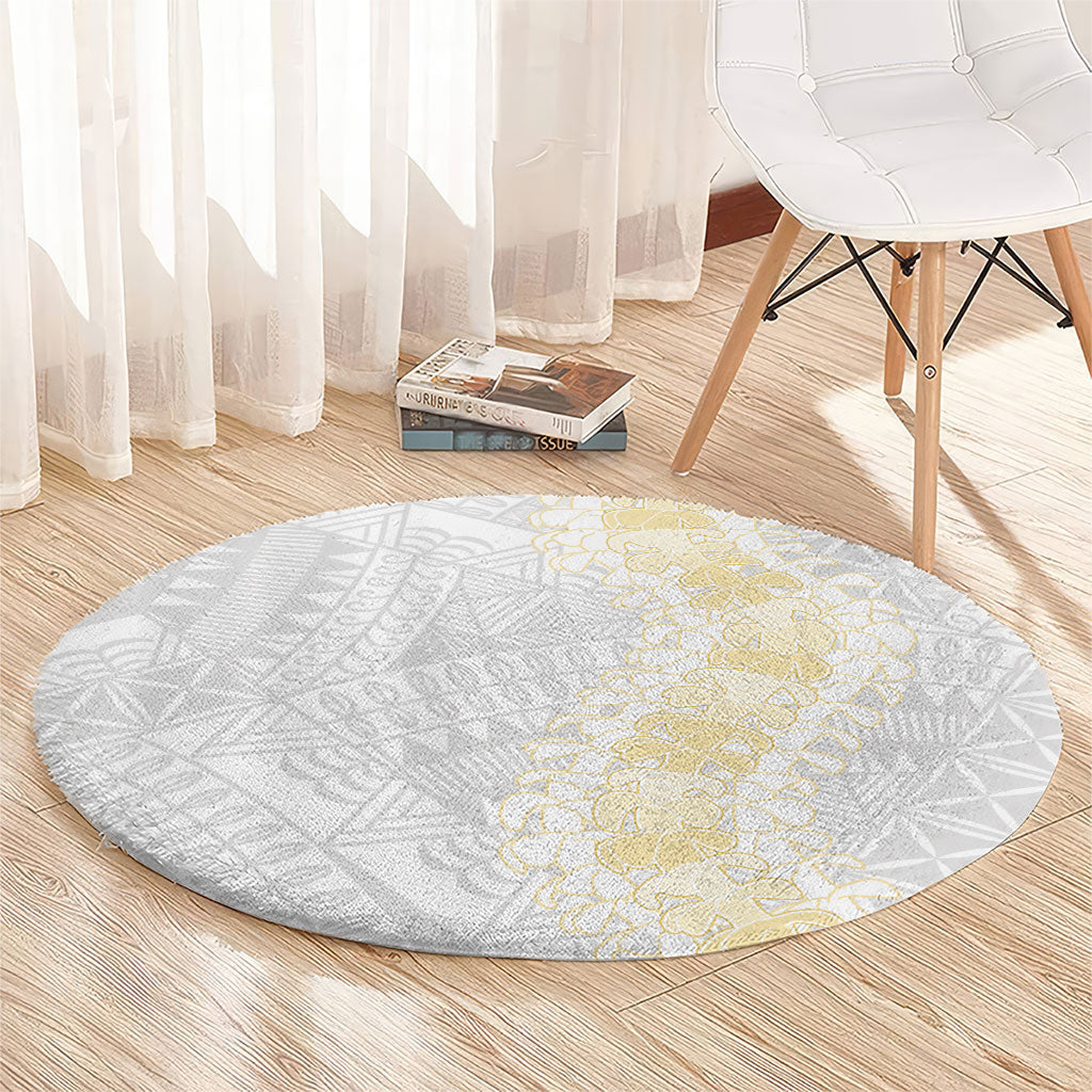 Niue White Sunday Round Carpet Niuean Hiapo With Puakenikeni Lei LT05 - Polynesian Pride