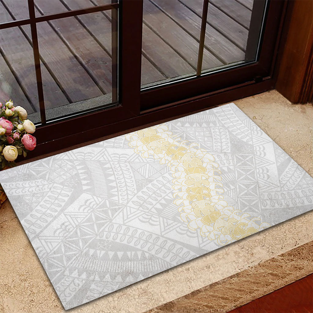 Niue White Sunday Rubber Doormat Niuean Hiapo With Puakenikeni Lei LT05 - Polynesian Pride