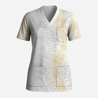 Niue White Sunday Scrub Top Niuean Hiapo With Puakenikeni Lei LT05 Adult White - Polynesian Pride