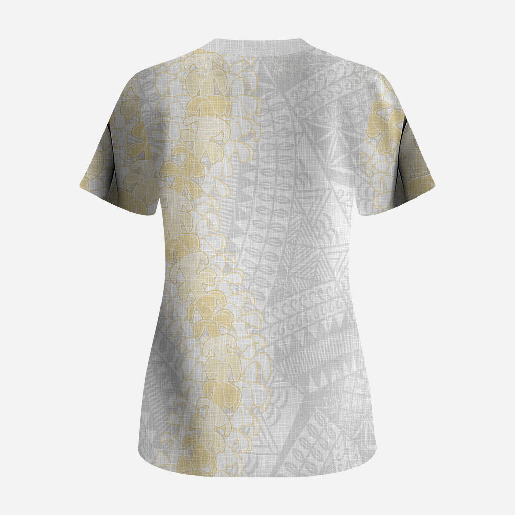 Niue White Sunday Scrub Top Niuean Hiapo With Puakenikeni Lei LT05 - Polynesian Pride