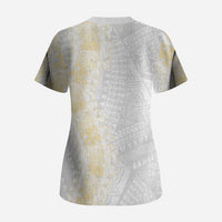Niue White Sunday Scrub Top Niuean Hiapo With Puakenikeni Lei LT05 - Polynesian Pride