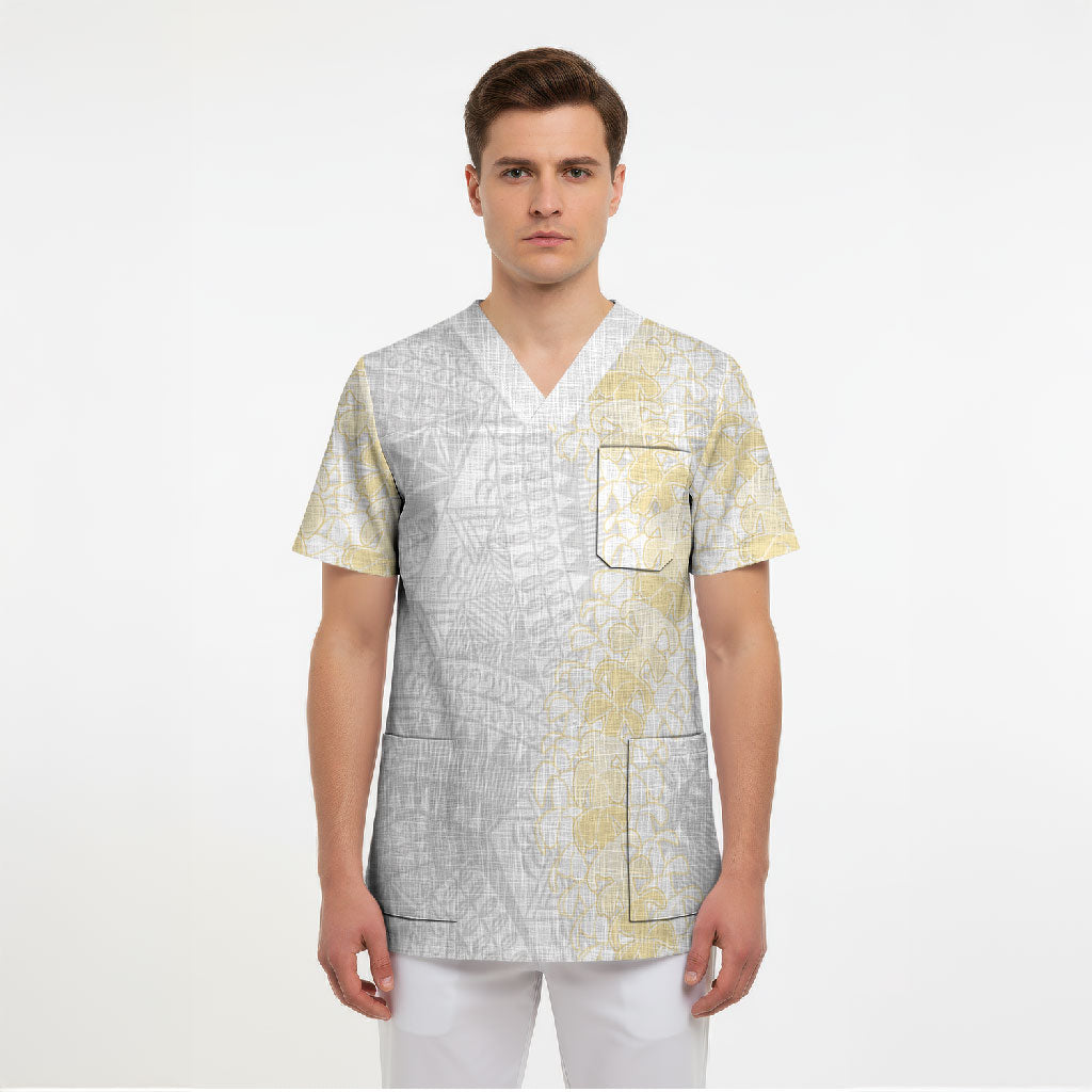 Niue White Sunday Scrub Top Niuean Hiapo With Puakenikeni Lei LT05 - Polynesian Pride