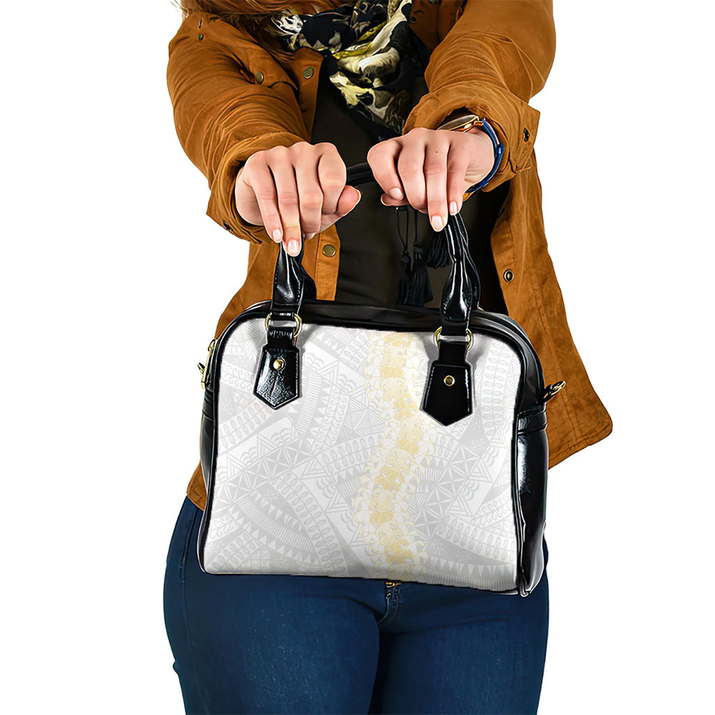 Niue White Sunday Shoulder Handbag Niuean Hiapo With Puakenikeni Lei LT05 One Size White - Polynesian Pride