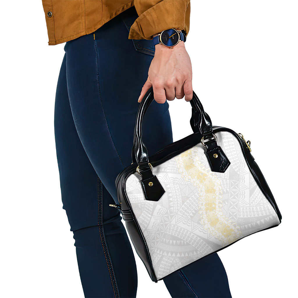 Niue White Sunday Shoulder Handbag Niuean Hiapo With Puakenikeni Lei LT05 - Polynesian Pride