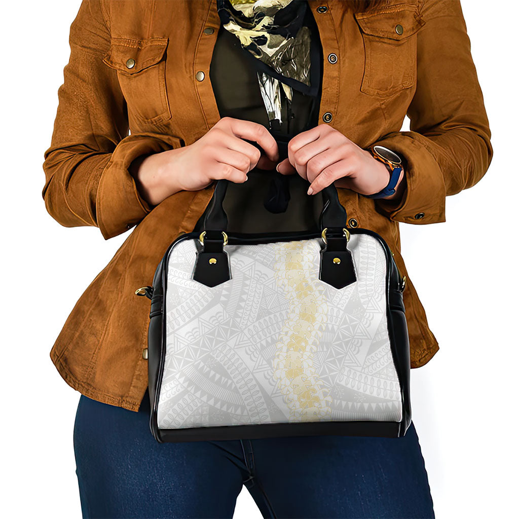 Niue White Sunday Shoulder Handbag Niuean Hiapo With Puakenikeni Lei LT05 - Polynesian Pride