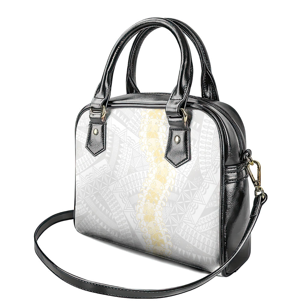 Niue White Sunday Shoulder Handbag Niuean Hiapo With Puakenikeni Lei LT05 - Polynesian Pride