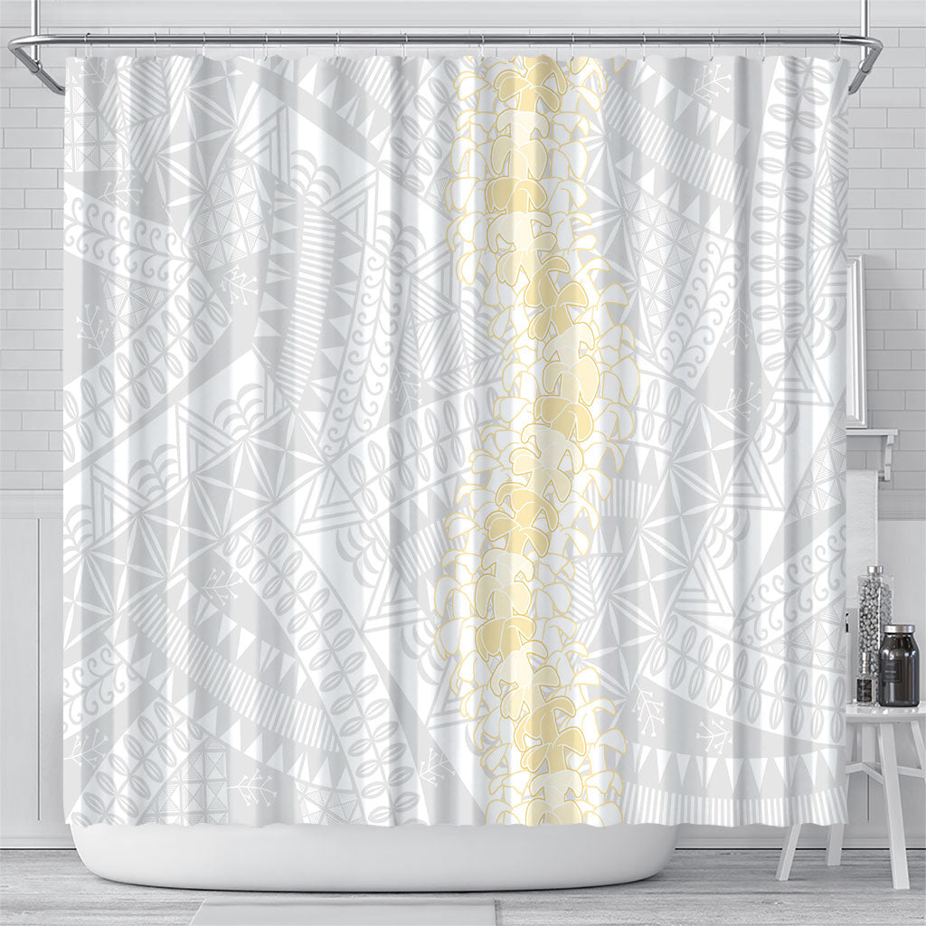 Niue White Sunday Shower Curtain Niuean Hiapo With Puakenikeni Lei LT05 - Polynesian Pride
