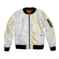 Niue White Sunday Sleeve Zip Bomber Jacket Niuean Hiapo With Puakenikeni Lei LT05 Unisex White - Polynesian Pride