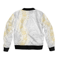 Niue White Sunday Sleeve Zip Bomber Jacket Niuean Hiapo With Puakenikeni Lei LT05 - Polynesian Pride
