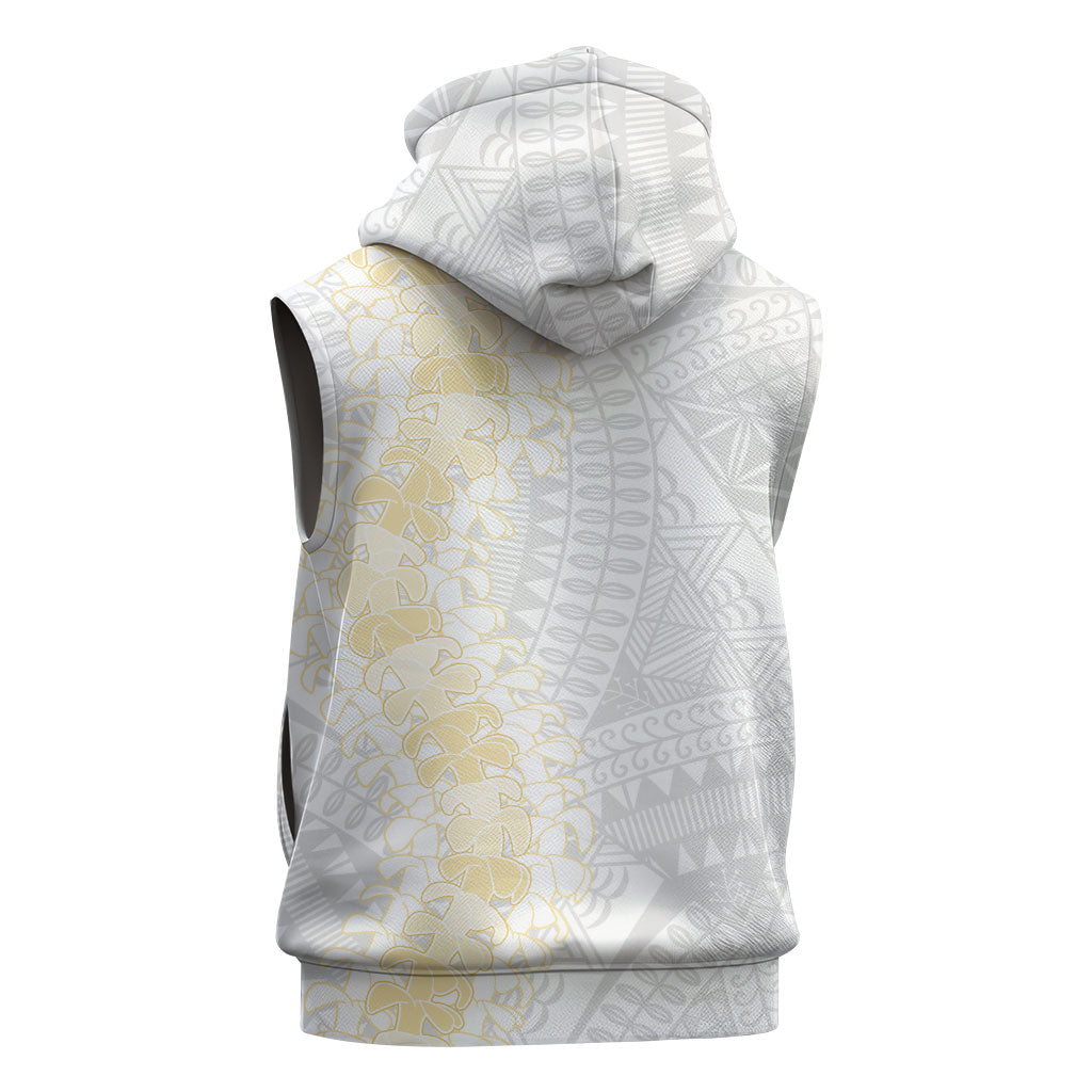 Niue White Sunday Sleeveless Hoodie Niuean Hiapo With Puakenikeni Lei LT05 - Polynesian Pride