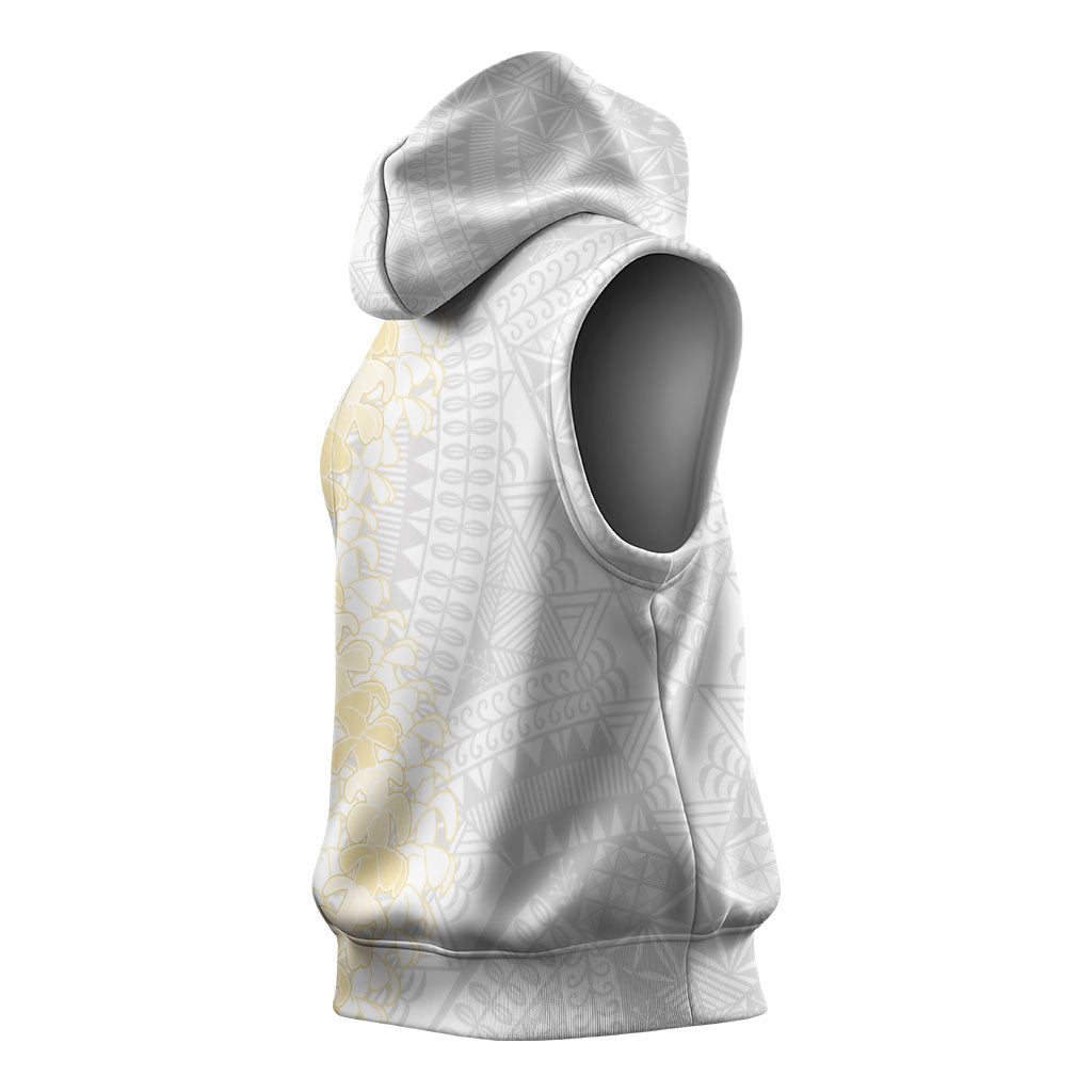 Niue White Sunday Sleeveless Hoodie Niuean Hiapo With Puakenikeni Lei LT05 - Polynesian Pride