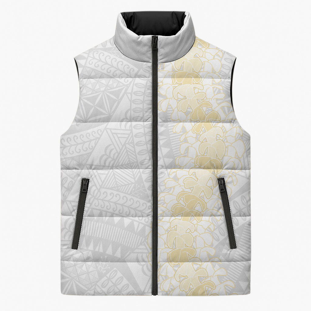 Niue White Sunday Sleeveless Puffer Jacket Niuean Hiapo With Puakenikeni Lei LT05 Unisex White - Polynesian Pride