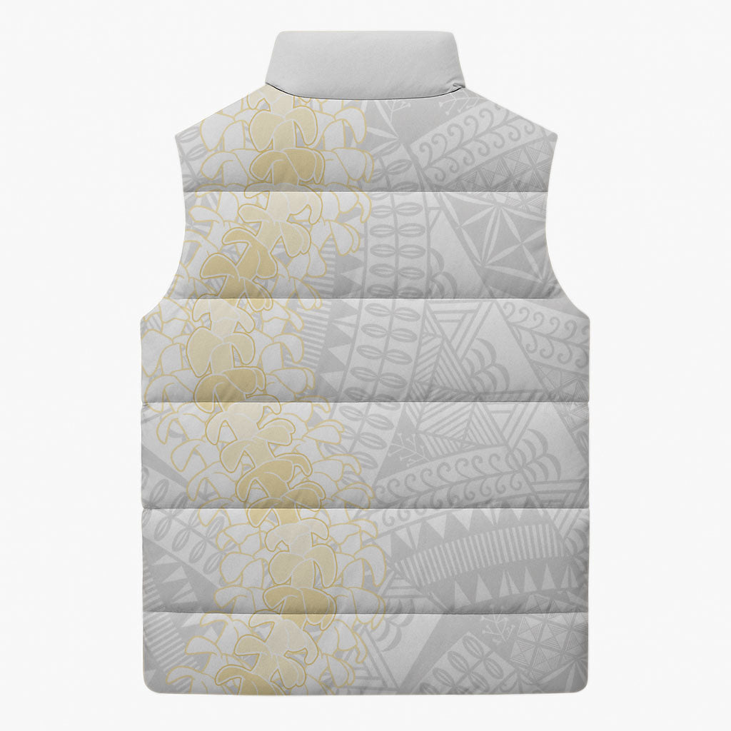Niue White Sunday Sleeveless Puffer Jacket Niuean Hiapo With Puakenikeni Lei LT05 - Polynesian Pride