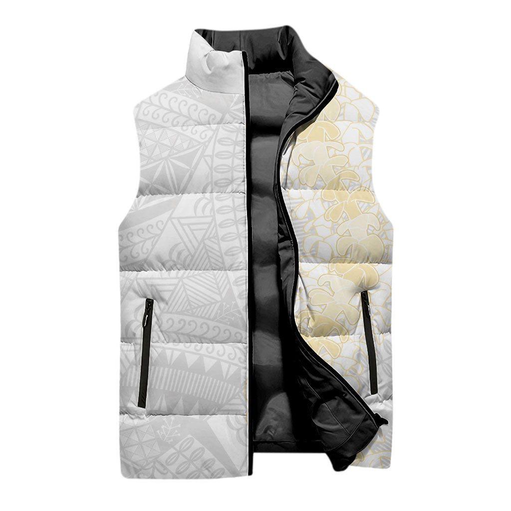 Niue White Sunday Sleeveless Puffer Jacket Niuean Hiapo With Puakenikeni Lei LT05 - Polynesian Pride