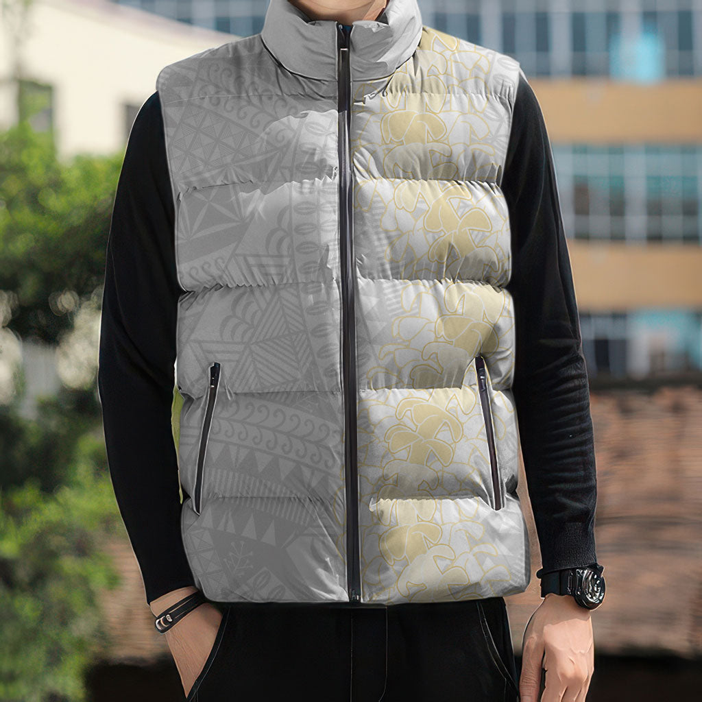 Niue White Sunday Sleeveless Puffer Jacket Niuean Hiapo With Puakenikeni Lei LT05 - Polynesian Pride