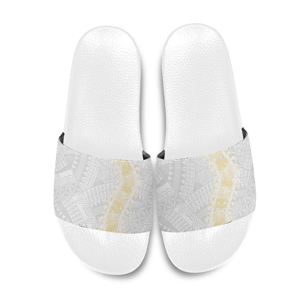 Niue White Sunday Slide Sandals Niuean Hiapo With Puakenikeni Lei LT05 White - Polynesian Pride
