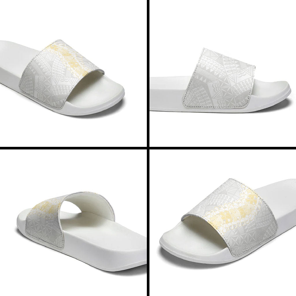 Niue White Sunday Slide Sandals Niuean Hiapo With Puakenikeni Lei LT05 - Polynesian Pride