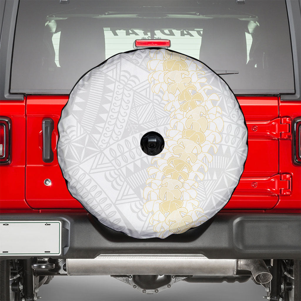 Niue White Sunday Spare Tire Cover Niuean Hiapo With Puakenikeni Lei LT05 - Polynesian Pride