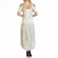 Niue White Sunday Summer Maxi Dress Niuean Hiapo With Puakenikeni Lei LT05 - Polynesian Pride