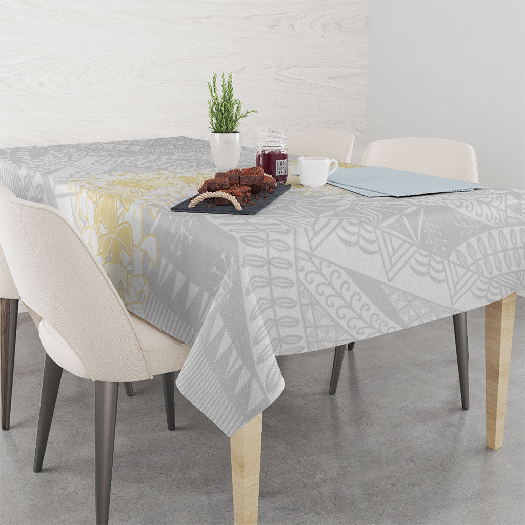 Niue White Sunday Tablecloth Niuean Hiapo With Puakenikeni Lei LT05 - Polynesian Pride