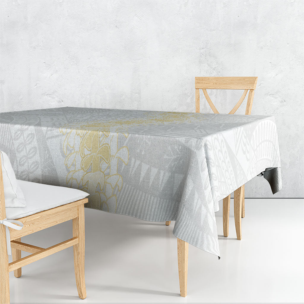 Niue White Sunday Tablecloth Niuean Hiapo With Puakenikeni Lei LT05 - Polynesian Pride