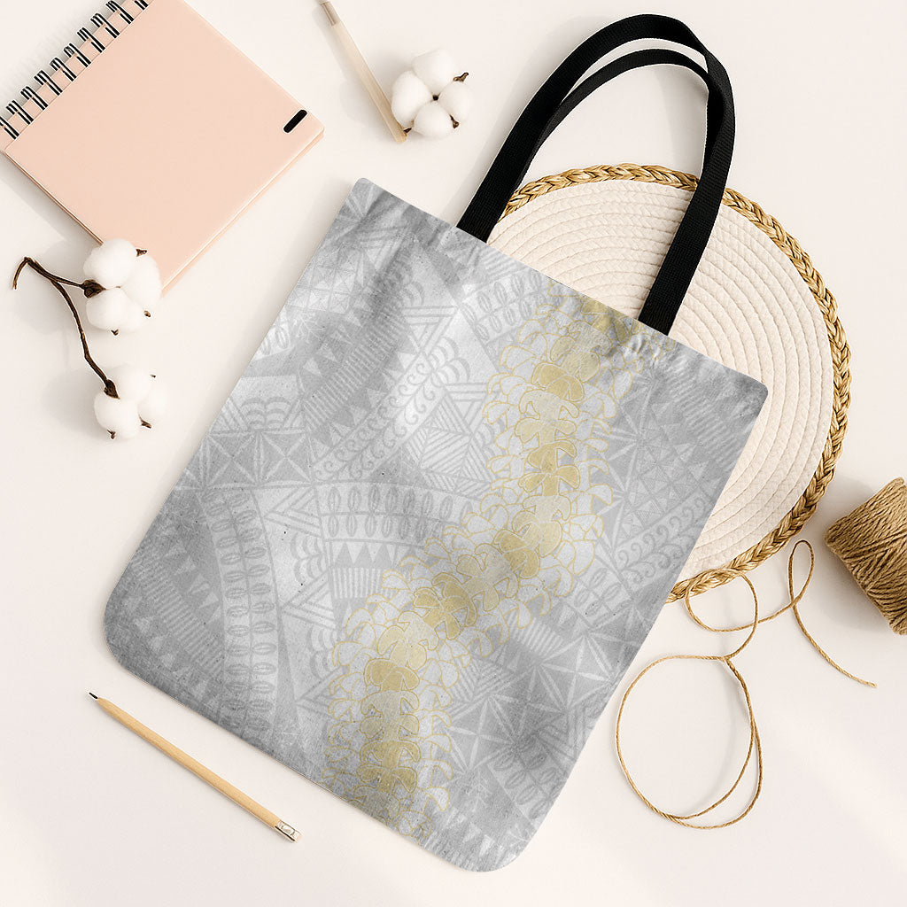 Niue White Sunday Tote Bag Niuean Hiapo With Puakenikeni Lei LT05 Black Strap One Size White - Polynesian Pride