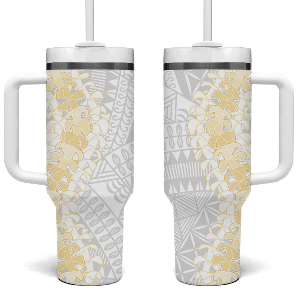 Niue White Sunday Tumbler With Handle Niuean Hiapo With Puakenikeni Lei LT05 One Size: 40 oz White - Polynesian Pride