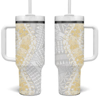 Niue White Sunday Tumbler With Handle Niuean Hiapo With Puakenikeni Lei LT05 One Size: 40 oz White - Polynesian Pride