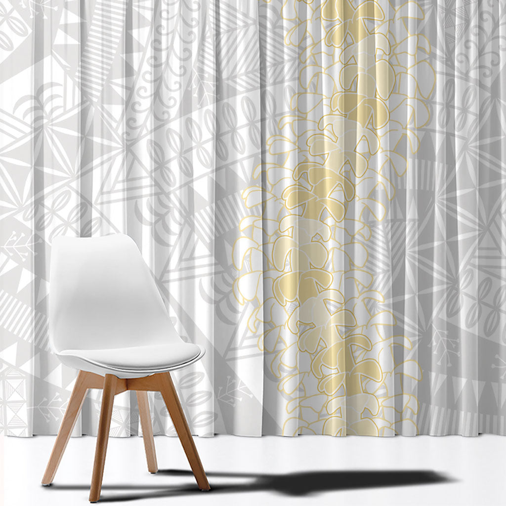 Niue White Sunday Window Curtain Niuean Hiapo With Puakenikeni Lei LT05 - Polynesian Pride