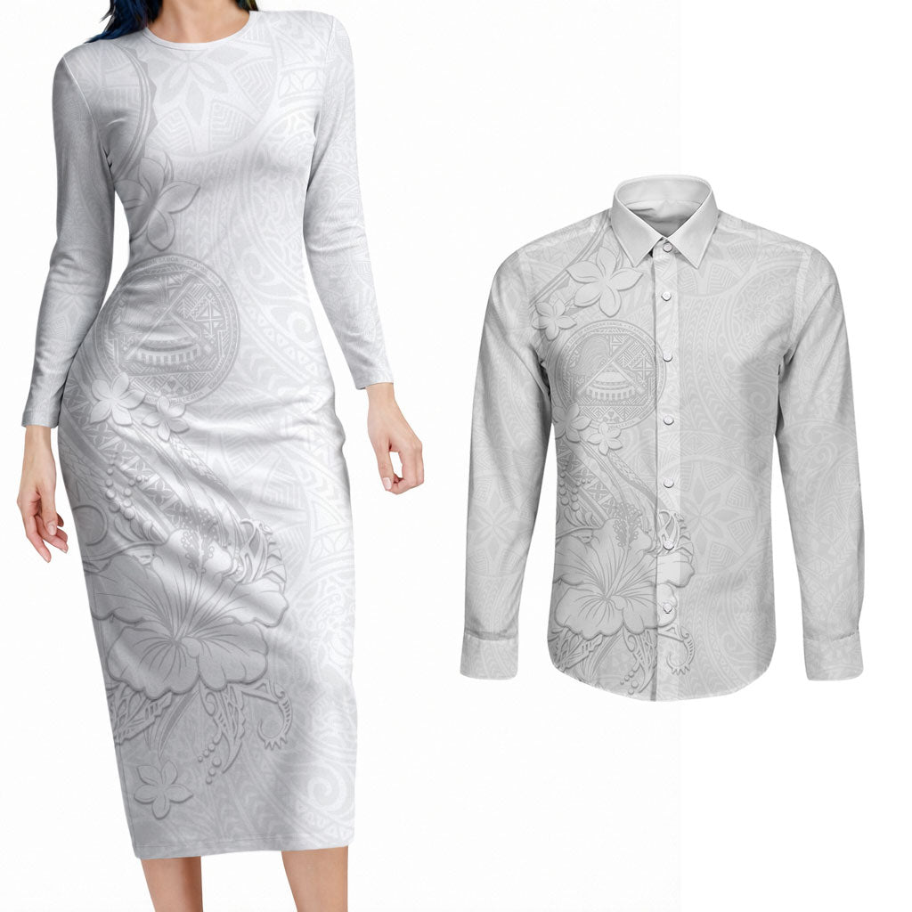 American Samoa White Sunday Couples Matching Long Sleeve Bodycon Dress and Long Sleeve Button Shirt Polynesian Pattern With Tropical Flowers LT05 White - Polynesian Pride