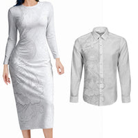 American Samoa White Sunday Couples Matching Long Sleeve Bodycon Dress and Long Sleeve Button Shirt Polynesian Pattern With Tropical Flowers LT05 White - Polynesian Pride