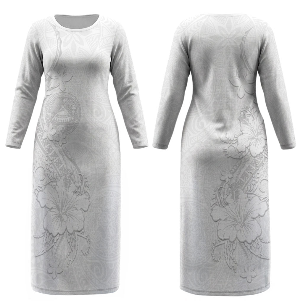 American Samoa White Sunday Couples Matching Long Sleeve Bodycon Dress and Long Sleeve Button Shirt Polynesian Pattern With Tropical Flowers LT05 - Polynesian Pride