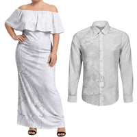 American Samoa White Sunday Couples Matching Off Shoulder Maxi Dress and Long Sleeve Button Shirt Polynesian Pattern With Tropical Flowers LT05 White - Polynesian Pride