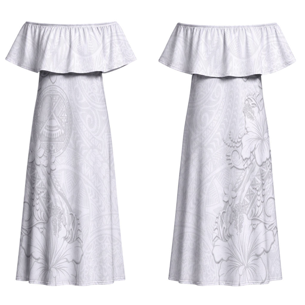 American Samoa White Sunday Couples Matching Off Shoulder Maxi Dress and Long Sleeve Button Shirt Polynesian Pattern With Tropical Flowers LT05 - Polynesian Pride