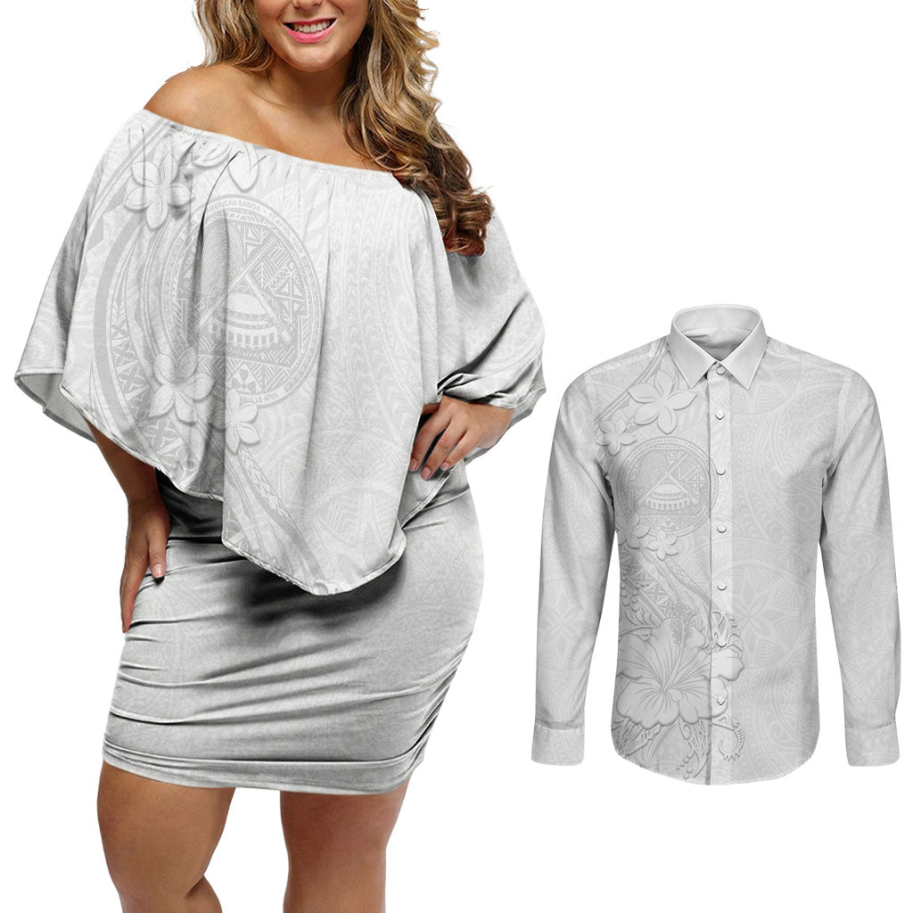 American Samoa White Sunday Couples Matching Off Shoulder Short Dress and Long Sleeve Button Shirt Polynesian Pattern With Tropical Flowers LT05 White - Polynesian Pride