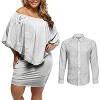 American Samoa White Sunday Couples Matching Off Shoulder Short Dress and Long Sleeve Button Shirt Polynesian Pattern With Tropical Flowers LT05 White - Polynesian Pride