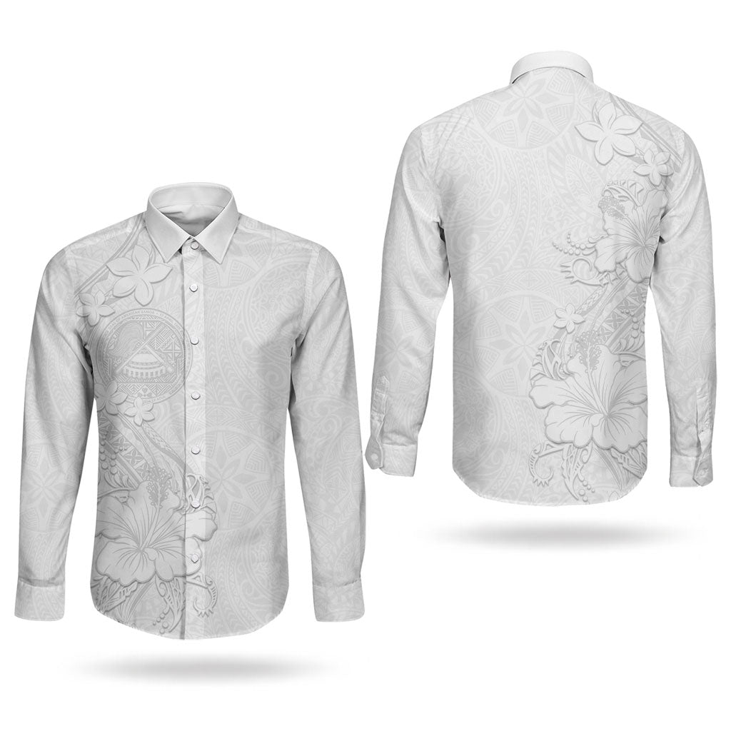 American Samoa White Sunday Couples Matching Off Shoulder Short Dress and Long Sleeve Button Shirt Polynesian Pattern With Tropical Flowers LT05 - Polynesian Pride