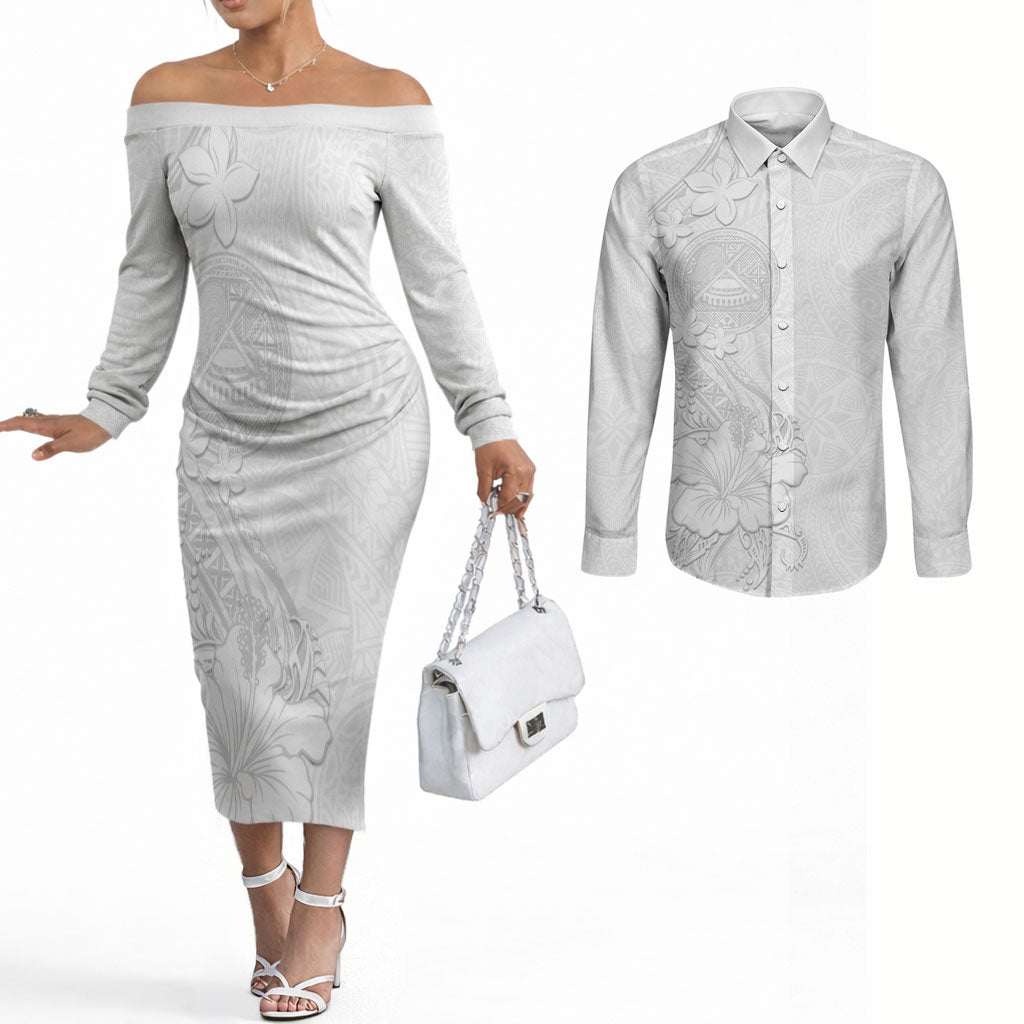 American Samoa White Sunday Couples Matching Off The Shoulder Long Sleeve Dress and Long Sleeve Button Shirt Polynesian Pattern With Tropical Flowers LT05 White - Polynesian Pride