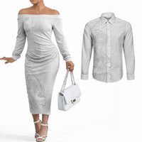 American Samoa White Sunday Couples Matching Off The Shoulder Long Sleeve Dress and Long Sleeve Button Shirt Polynesian Pattern With Tropical Flowers LT05 White - Polynesian Pride