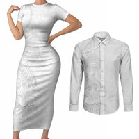 American Samoa White Sunday Couples Matching Short Sleeve Bodycon Dress and Long Sleeve Button Shirt Polynesian Pattern With Tropical Flowers LT05 White - Polynesian Pride