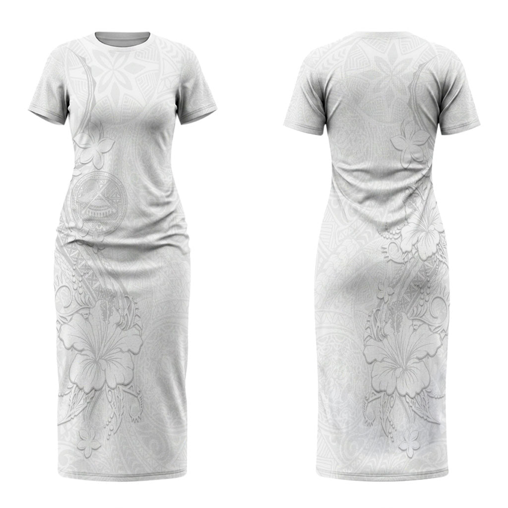 American Samoa White Sunday Couples Matching Short Sleeve Bodycon Dress and Long Sleeve Button Shirt Polynesian Pattern With Tropical Flowers LT05 - Polynesian Pride