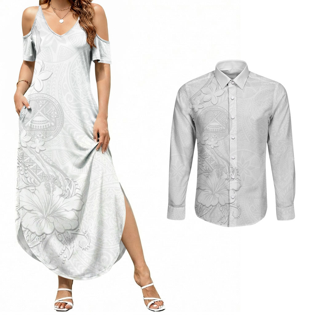 American Samoa White Sunday Couples Matching Summer Maxi Dress and Long Sleeve Button Shirt Polynesian Pattern With Tropical Flowers LT05 White - Polynesian Pride